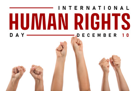 Hands of protesting women on white background. International Day of Human Rightsの写真素材