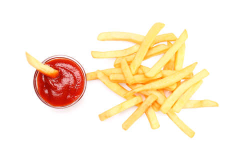 Tasty french fries with tomato sauce on white backgroundの写真素材