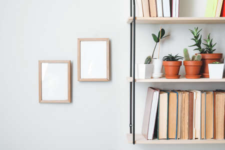Shelf with books and plants hanging on light wall