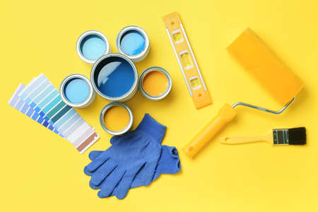 Cans of paints and tools on color background