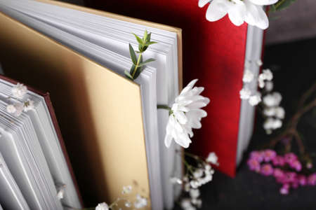 Books with floral decor, closeupの写真素材