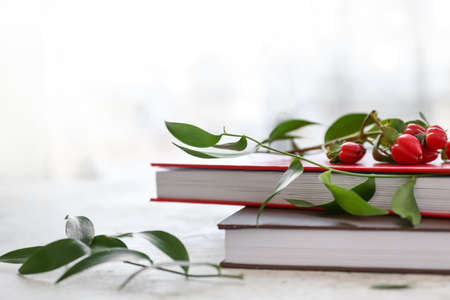Books with floral decor on window sillの写真素材