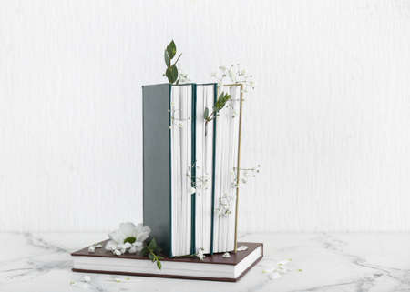 Books with floral decor on white background