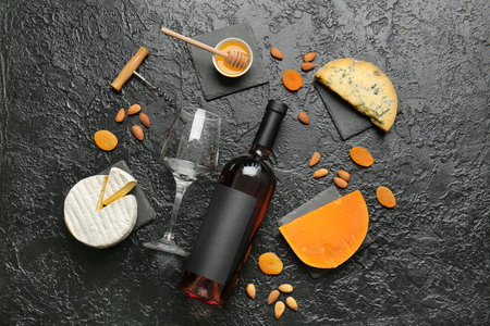 Composition with bottle of wine on dark backgroundの写真素材