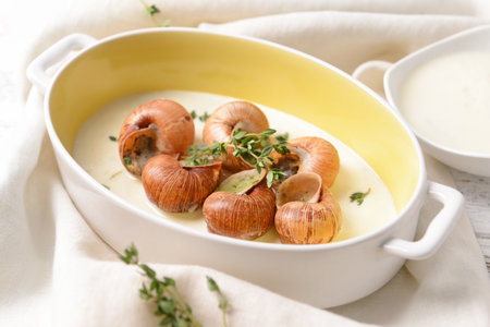 Baking dish with tasty snails on light backgroundの写真素材