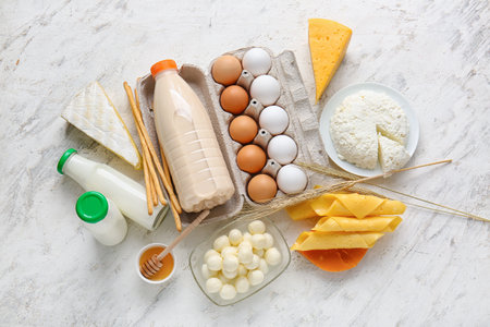 Different dairy products, chicken eggs, honey and grissini on light backgroundの写真素材