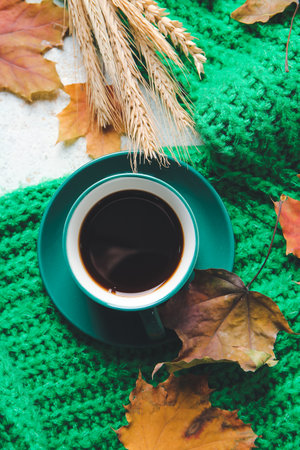 Beautiful autumn composition with cup of coffee and clothes on light backgroundの写真素材