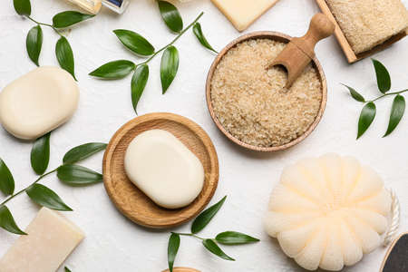 Different bath supplies on light background
