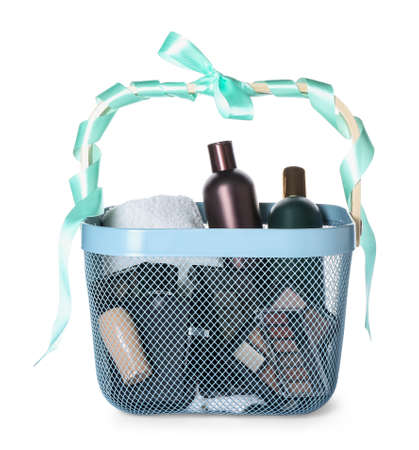 Gift basket with cosmetics on white backgroundの写真素材