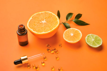 Composition with vitamin C pills, bottle of essential oil and citrus fruits on color backgroundの写真素材