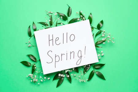 Paper sheet with text HELLO SPRING and floral decor on color backgroundの写真素材