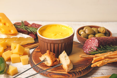 Cheese fondue and different snacks on wooden backgroundの写真素材