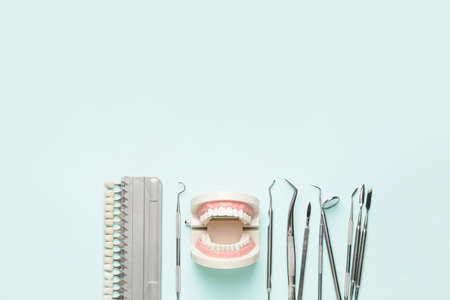 Dentist's tools, jaw model and teeth samples on color backgroundの写真素材