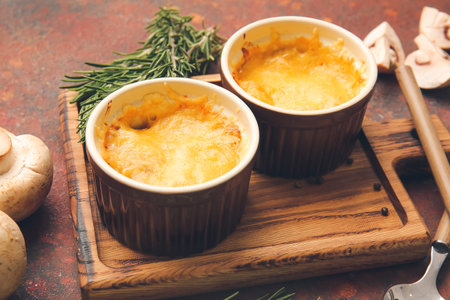Ramekins with tasty julienne and ingredients on grunge background, closeupの写真素材