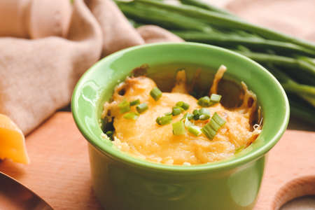 Ramekin with tasty julienne on table, closeupの写真素材