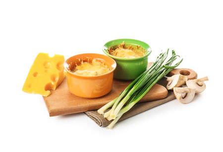 Composition with tasty julienne and ingredients on white background