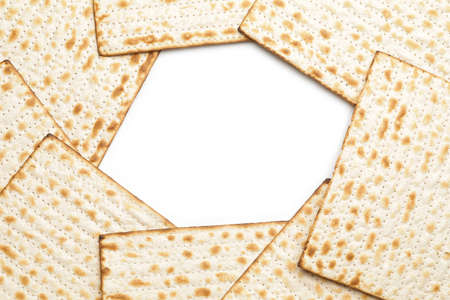 Jewish flatbread matza for Passover on white background