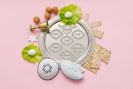 Festive composition for Passover celebration on color background