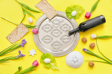 Festive composition for Passover celebration on color background