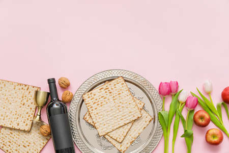 Festive composition for Passover celebration on color backgroundの写真素材