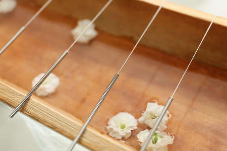 Bamboo tray with acupuncture needles on water, closeup