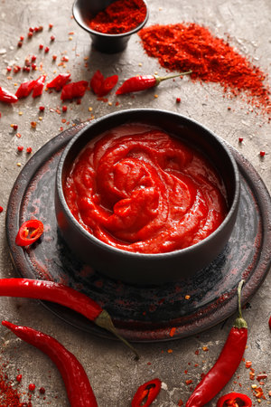 Composition with tasty chili sauce and ingredients on grunge background, closeupの写真素材