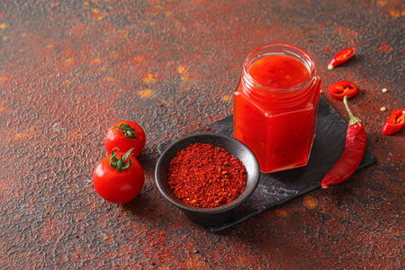 Composition with tasty chili sauce and ingredients on grunge backgroundの写真素材