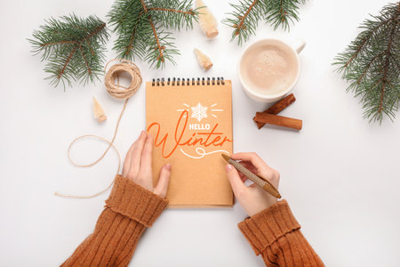 Female hands with notebook, pen, cup of hot chocolate and fir branches on white background. hello winterの写真素材