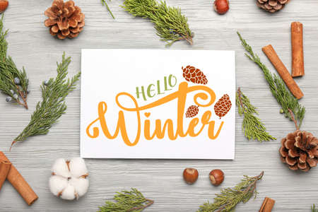 Beautiful greeting card with floral decor. Hello winterの写真素材