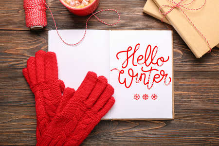 Beautiful greeting card with book and warm gloves. Hello winterの写真素材