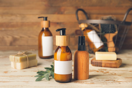 Bottles with natural shampoo on wooden backgroundの写真素材