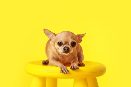 Cute chihuahua dog on stool against color backgroundの写真素材