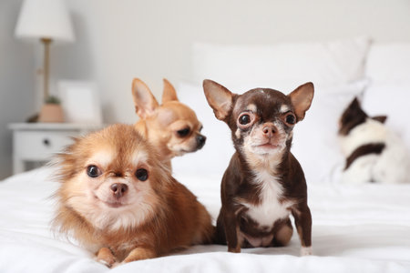 Cute chihuahua dogs on bed at homeの写真素材