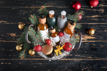 Gift basket with cosmetic products on dark wooden backgroundの写真素材