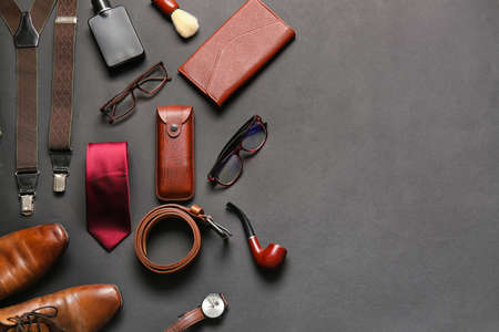 Stylish male accessories on dark backgroundの写真素材