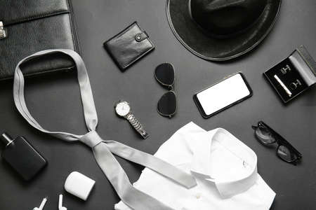 Stylish male clothes and accessories on dark backgroundの写真素材