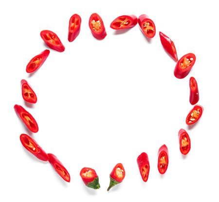 Frame made of sliced chili peppers on white backgroundの写真素材