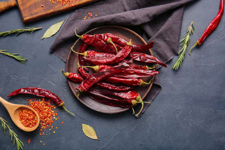 Composition with hot chili pepper on dark backgroundの写真素材