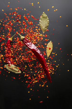 Dry chili pepper and bay leaves on dark backgroundの写真素材