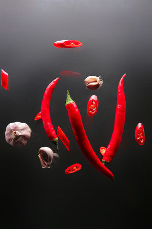 Fresh chili peppers and garlic on dark backgroundの写真素材
