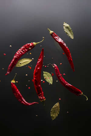 Dry chili peppers and bay leaves on dark background