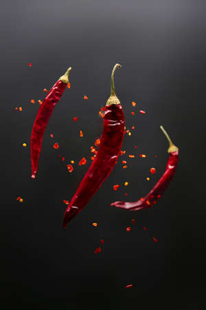 Dry chili peppers on dark backgroundの写真素材