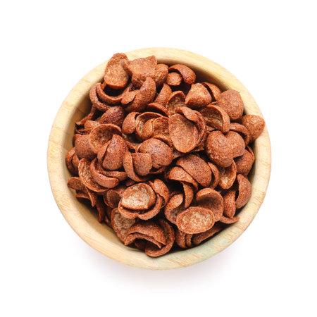Bowl with chocolate corn flakes on white background