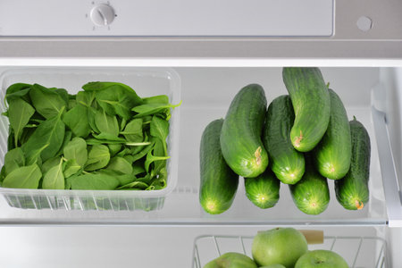 Fresh cucumbers and spinach in fridge, closeupの写真素材