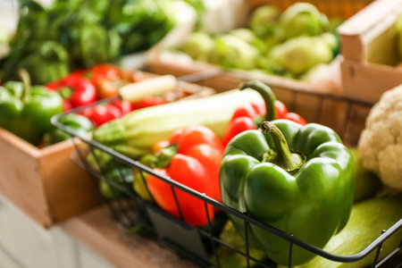Fresh vegetables on stall in marketの写真素材