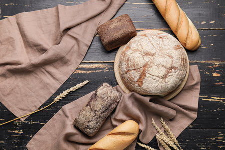 Assortment of fresh bread on dark wooden background