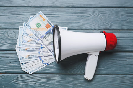 Megaphone and dollar banknotes on color wooden background