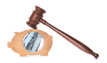 Piggy bank with judge's gavel on white backgroundの写真素材