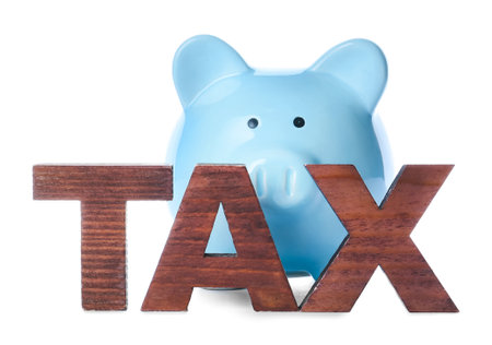 Word TAX and piggy bank on white backgroundの写真素材
