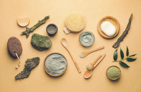 Composition with cosmetic clay on color backgroundの写真素材